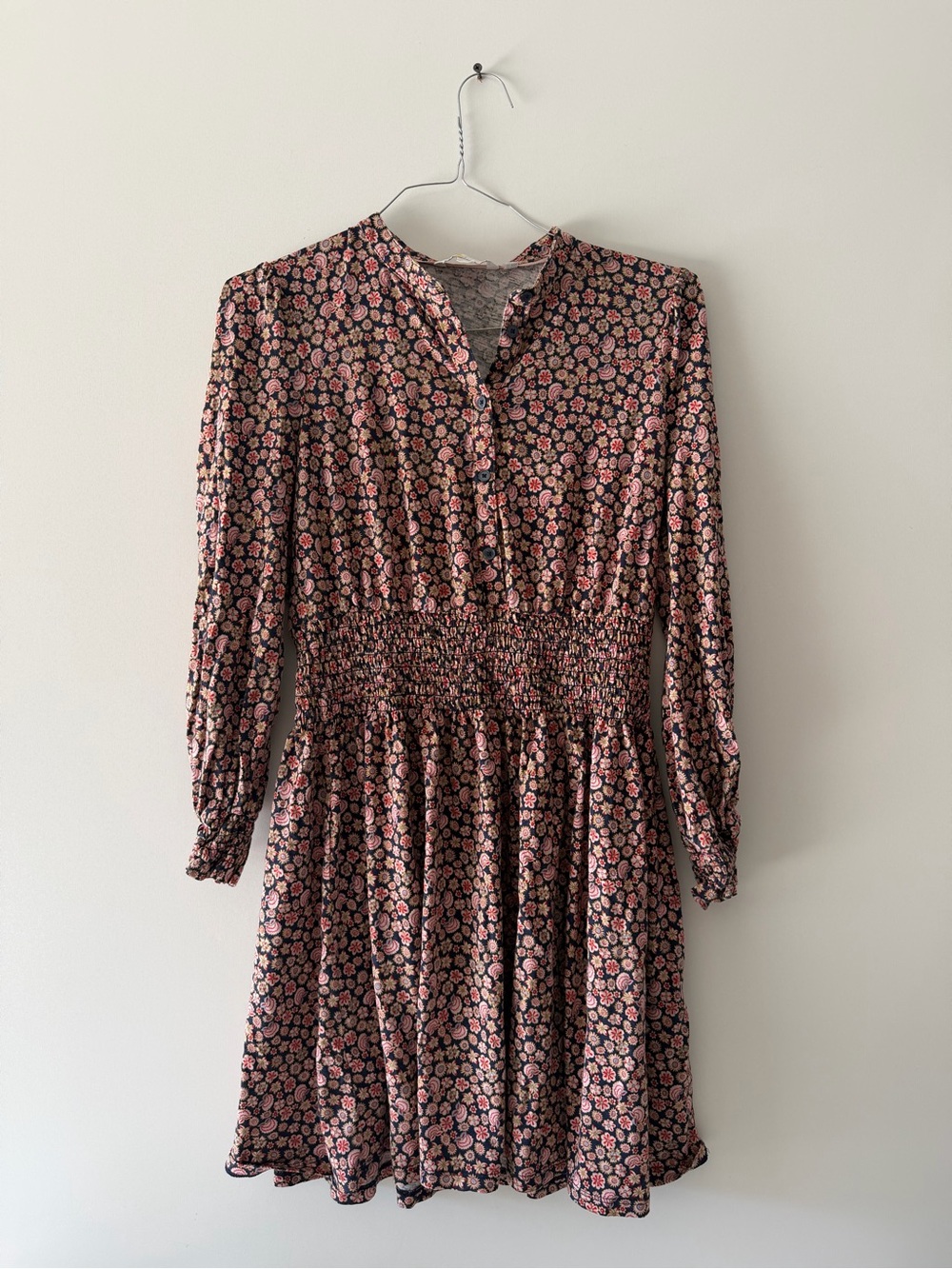 Boden Black and Pink Floral Smocked-Waist Long-Sleeve Mini Dress